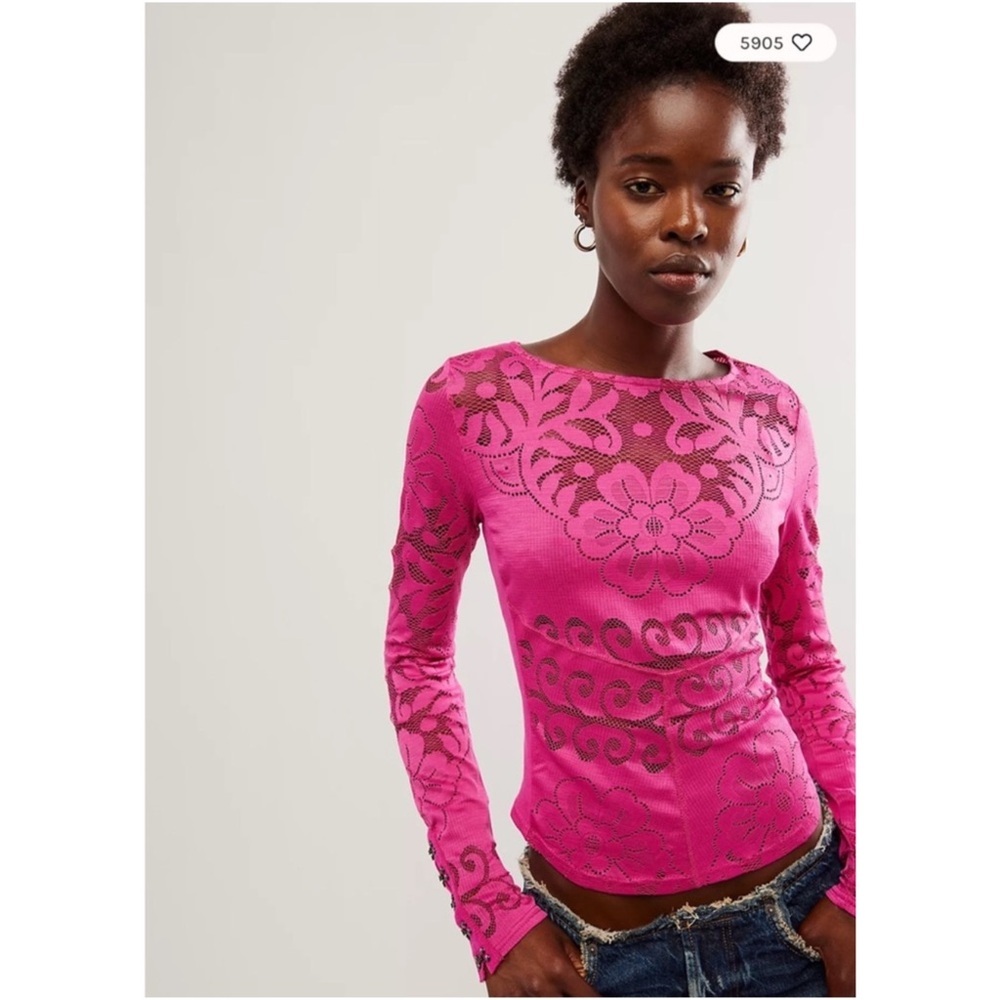 Free People Wild Roses Hook & Eye Cuff Lace Fitted Long Sleeve Top L
